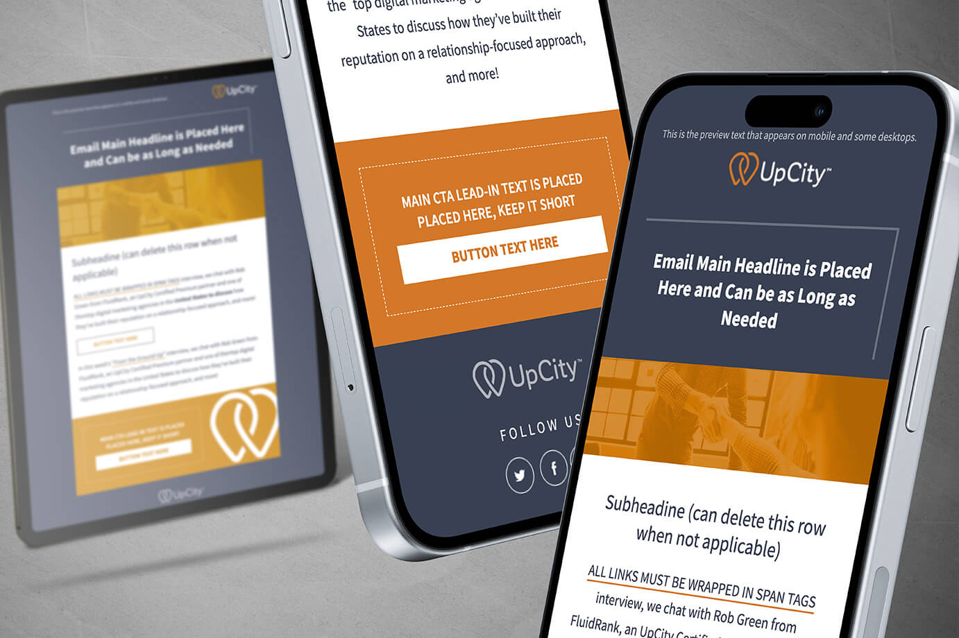 A mockup of the final UpCity marketing email templates, designed and developed in Hubspot by Jennifer Gadus.